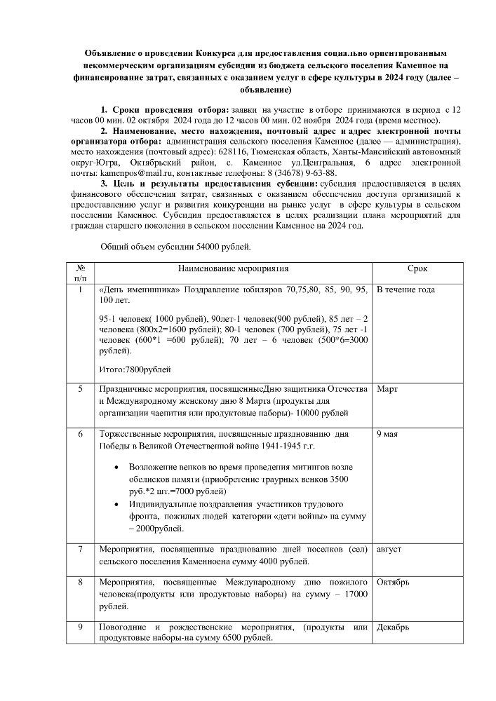 Информируем о повторном проведении конкурса для предоставления социально ориентированным некоммерческим организациям субсидии из бюджета сельского поселения Каменное на финансирование затрат, связанных с оказанием услуг в сфере культуры в 2024 году.